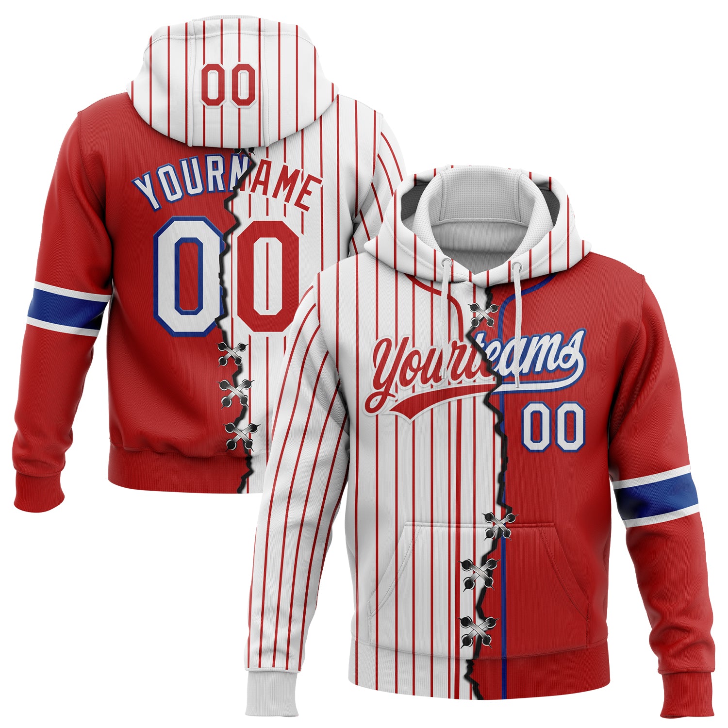 Custom Red White-Royal Pinstripe Split Ripped Pattern Baseball Pullover Sweatshirt Hoodie