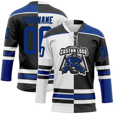 Custom Black Royal-White Split Fashion Hockey Lace Neck Jersey