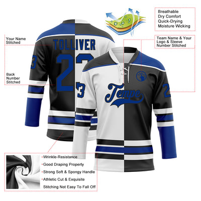 Custom Black Royal-White Split Fashion Hockey Lace Neck Jersey