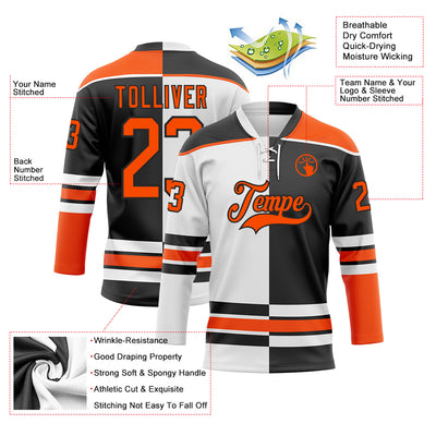 Custom Black Orange-White Split Fashion Hockey Lace Neck Jersey