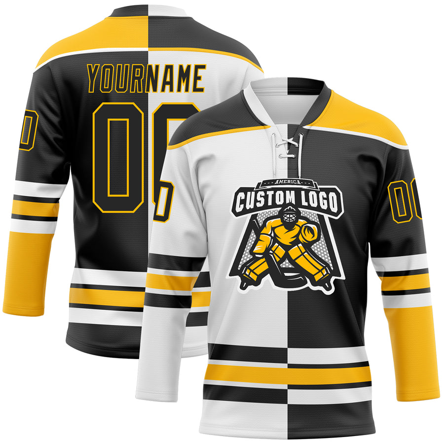 Custom Black Gold-White Split Fashion Hockey Lace Neck Jersey