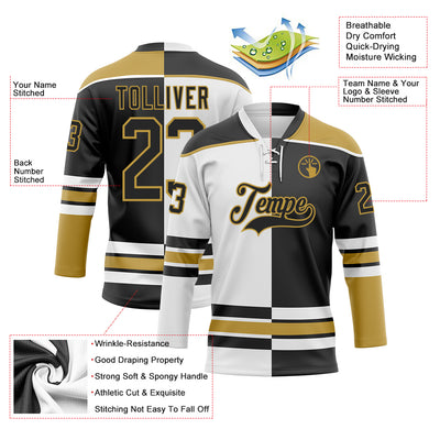 Custom Black Old Gold-White Split Fashion Hockey Lace Neck Jersey