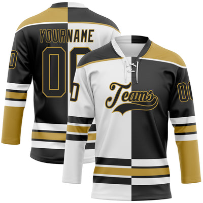 Custom Black Old Gold-White Split Fashion Hockey Lace Neck Jersey