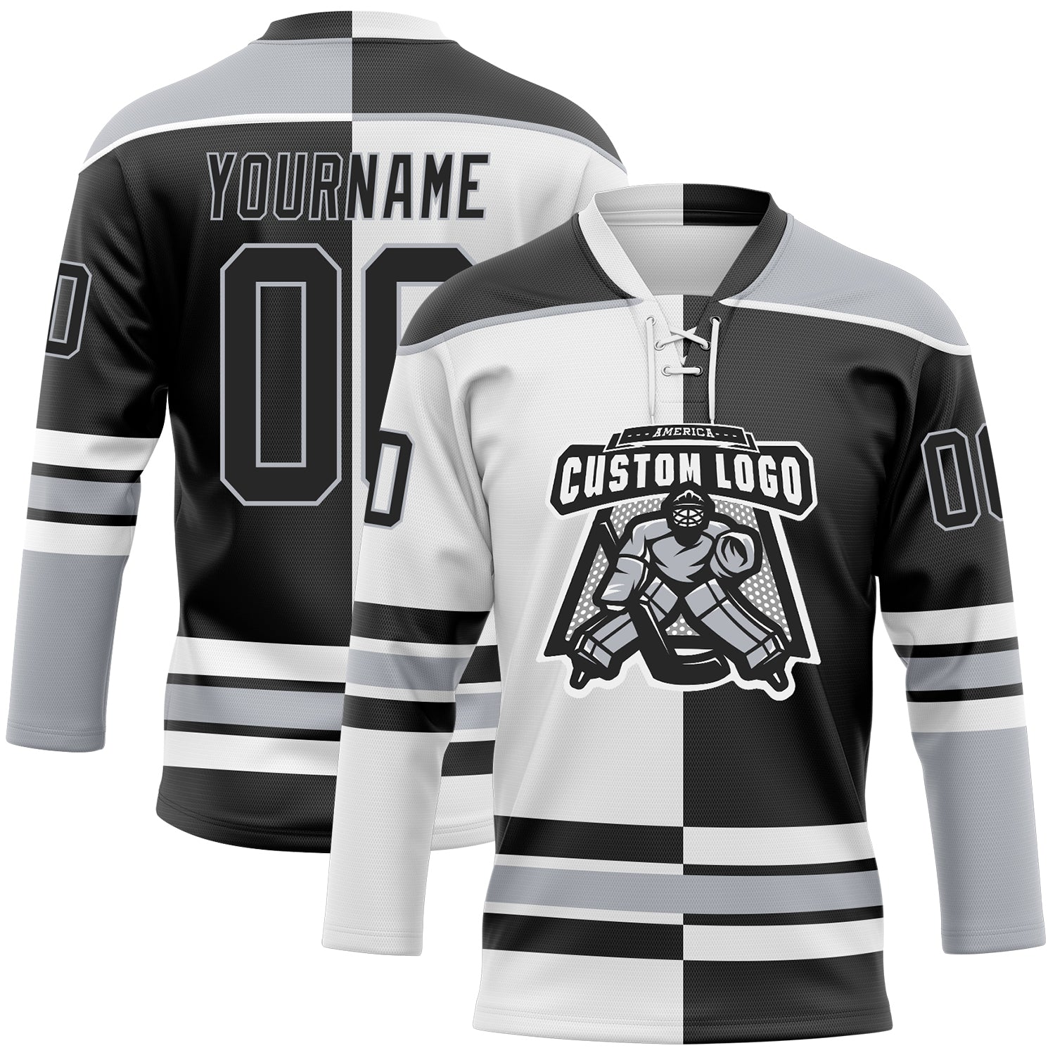 Custom Black Gray-White Split Fashion Hockey Lace Neck Jersey