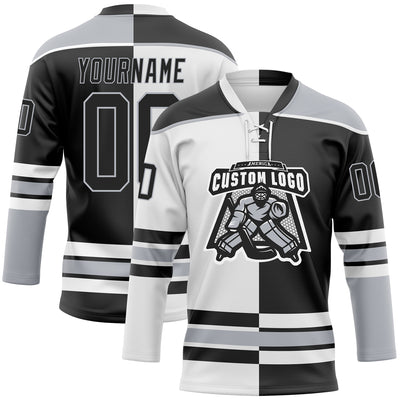 Custom Black Gray-White Split Fashion Hockey Lace Neck Jersey