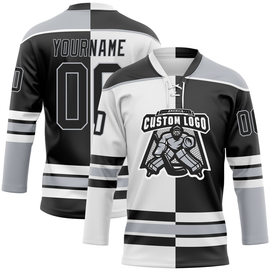 Custom Black Gray-White Split Fashion Hockey Lace Neck Jersey