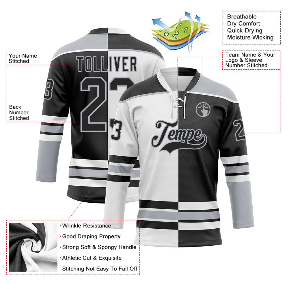 Custom Black Gray-White Split Fashion Hockey Lace Neck Jersey