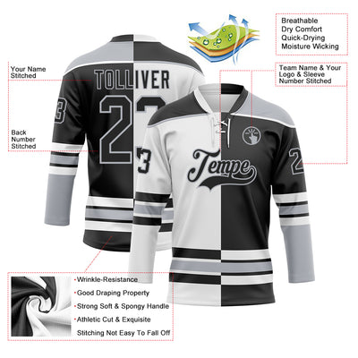 Custom Black Gray-White Split Fashion Hockey Lace Neck Jersey