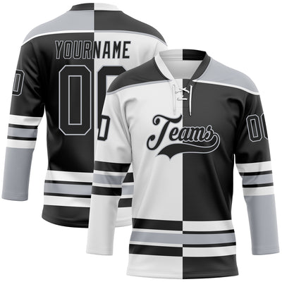Custom Black Gray-White Split Fashion Hockey Lace Neck Jersey