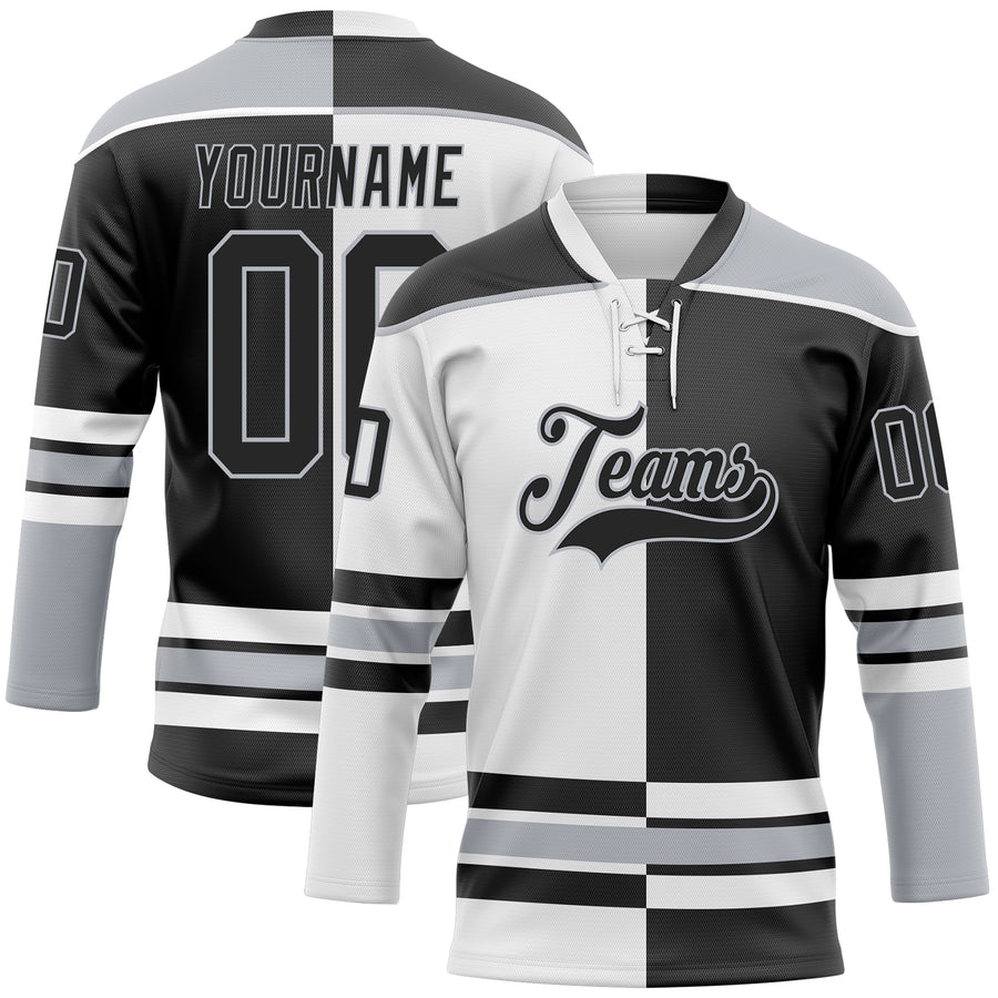 Custom Black Gray-White Split Fashion Hockey Lace Neck Jersey