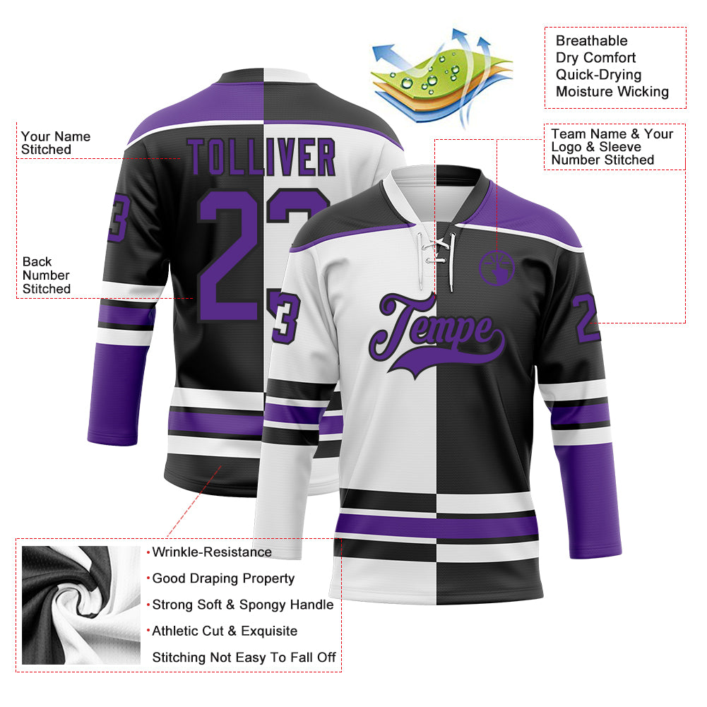 Custom Black Purple-White Split Fashion Hockey Lace Neck Jersey