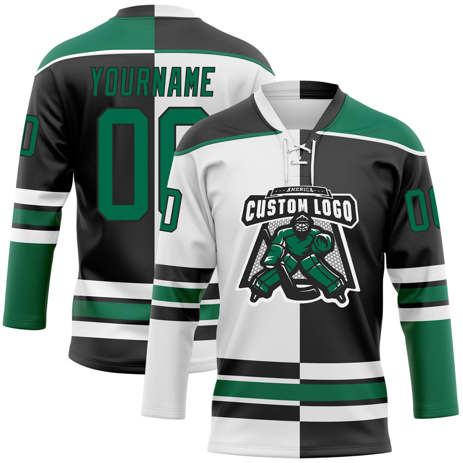 Custom Black Kelly Green-White Split Fashion Hockey Lace Neck Jersey