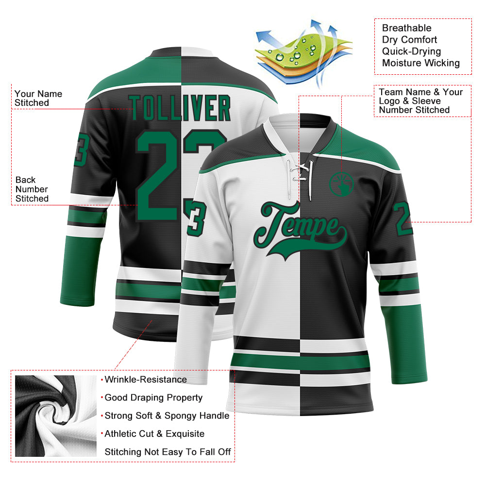 Custom Black Kelly Green-White Split Fashion Hockey Lace Neck Jersey