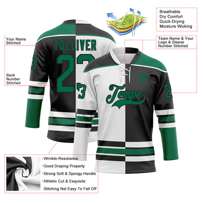 Custom Black Kelly Green-White Split Fashion Hockey Lace Neck Jersey