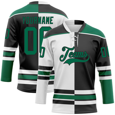Custom Black Kelly Green-White Split Fashion Hockey Lace Neck Jersey