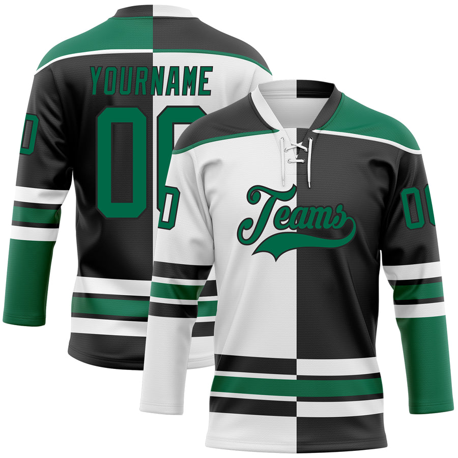 Custom Black Kelly Green-White Split Fashion Hockey Lace Neck Jersey
