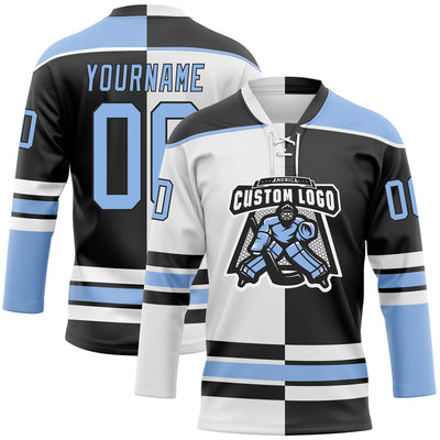 Custom Black Light Blue-White Split Fashion Hockey Lace Neck Jersey