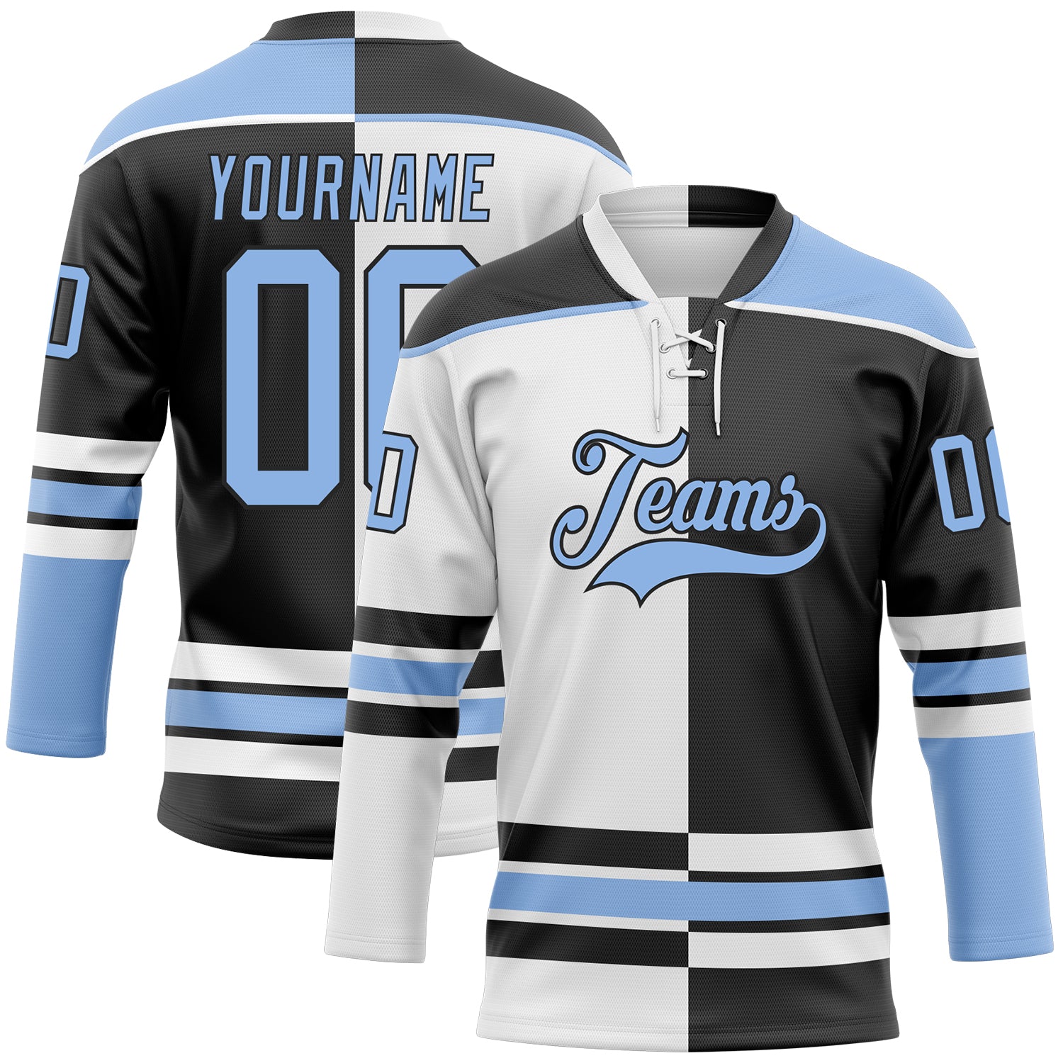 Custom Black Light Blue-White Split Fashion Hockey Lace Neck Jersey