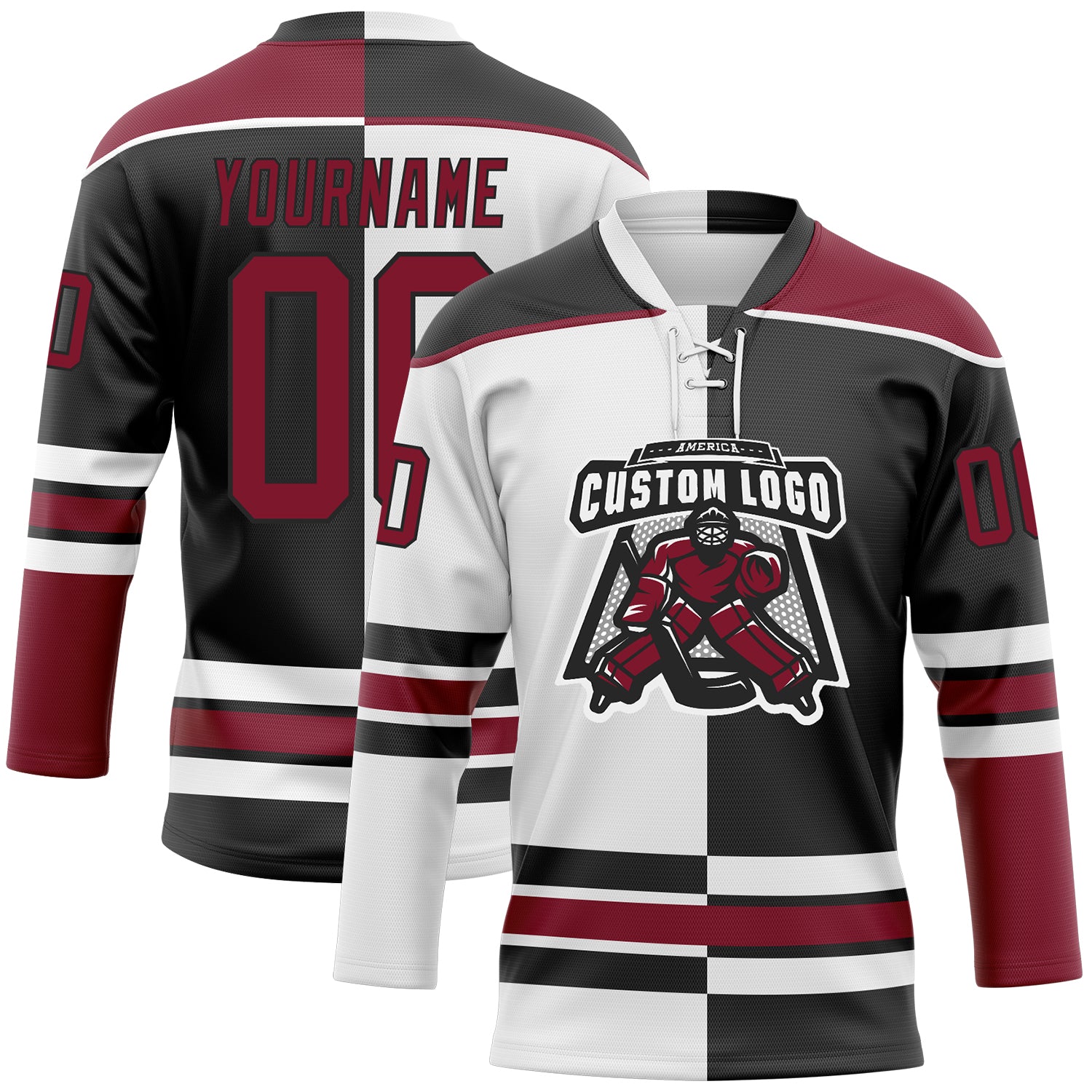 Custom Black Crimson-White Split Fashion Hockey Lace Neck Jersey