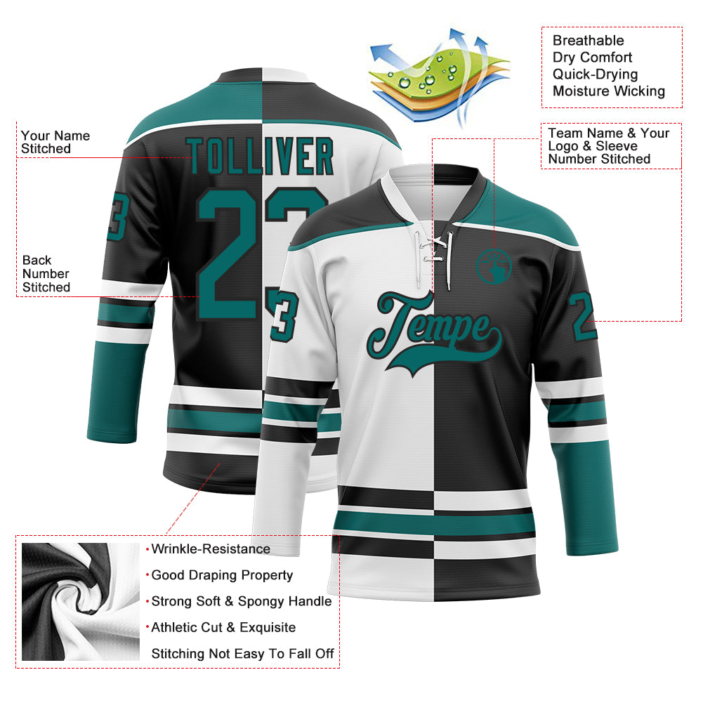 Custom Black Teal-White Split Fashion Hockey Lace Neck Jersey