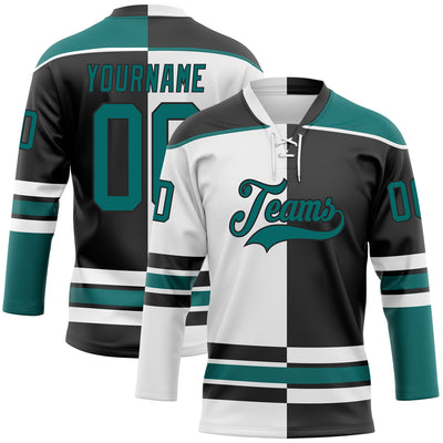 Custom Black Teal-White Split Fashion Hockey Lace Neck Jersey
