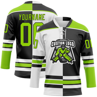 Custom Black Neon Green-White Split Fashion Hockey Lace Neck Jersey
