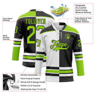 Custom Black Neon Green-White Split Fashion Hockey Lace Neck Jersey