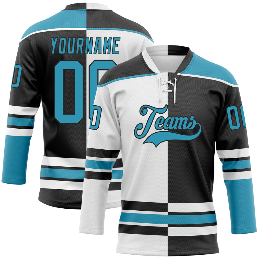 Custom Black Panther Blue-White Split Fashion Hockey Lace Neck Jersey
