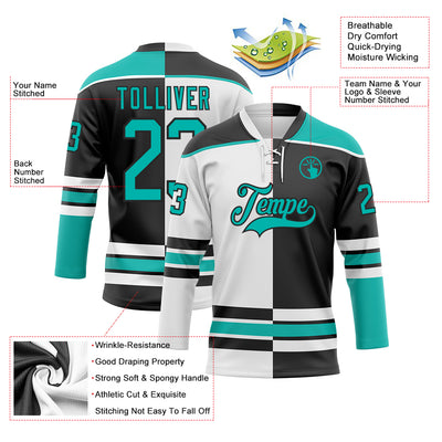 Custom Black Aqua-White Split Fashion Hockey Lace Neck Jersey