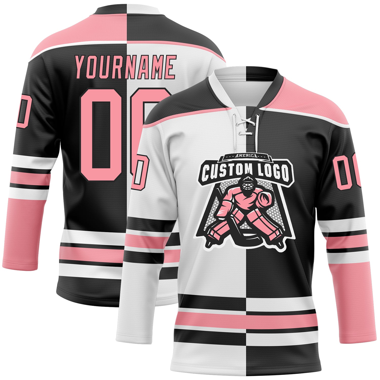 Custom Black Medium Pink-White Split Fashion Hockey Lace Neck Jersey