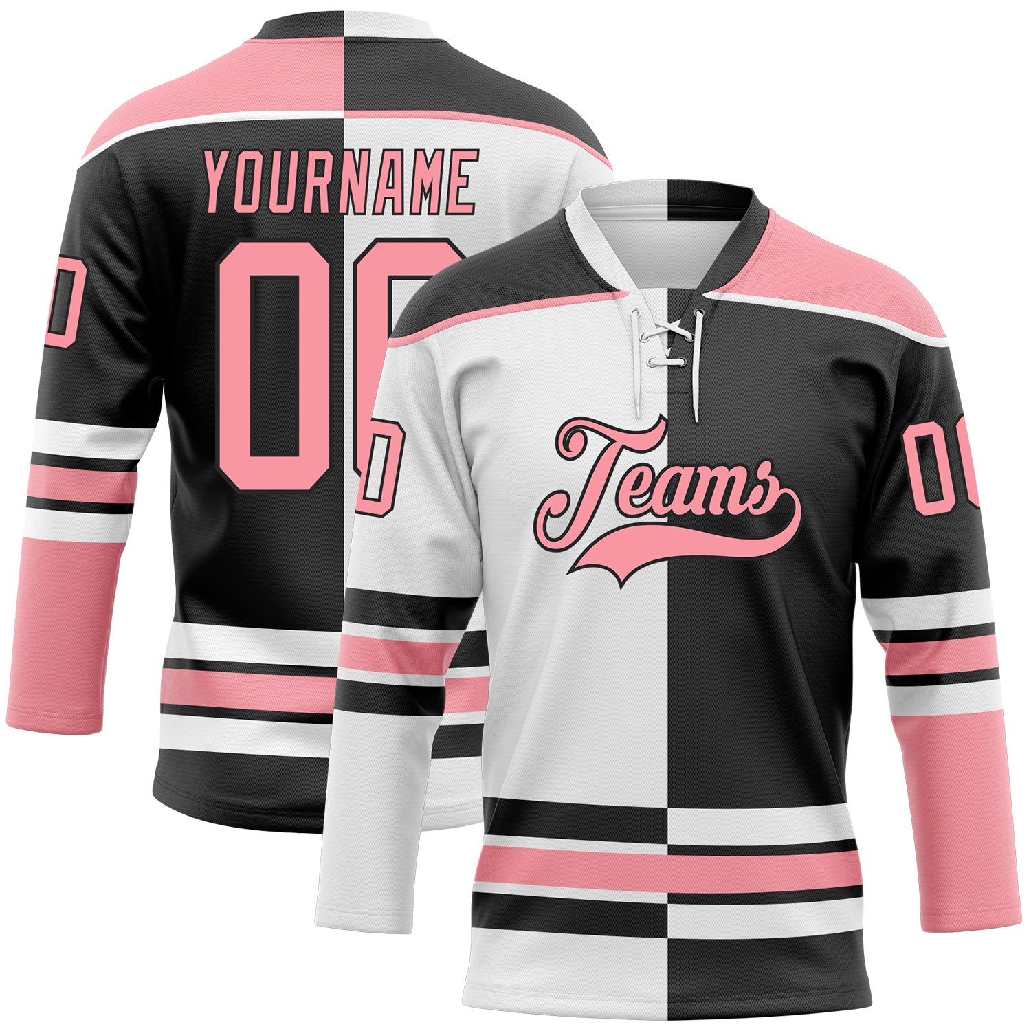 Custom Black Medium Pink-White Split Fashion Hockey Lace Neck Jersey
