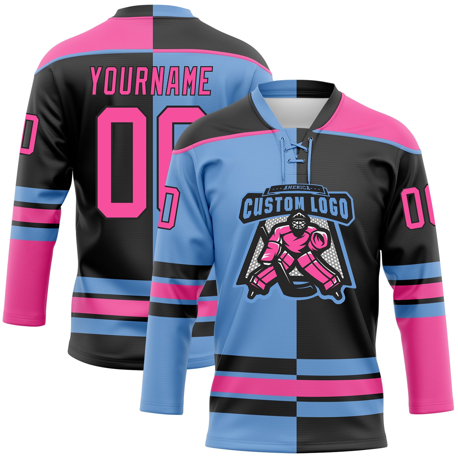 Custom Black Pink-Light Blue Split Fashion Hockey Lace Neck Jersey