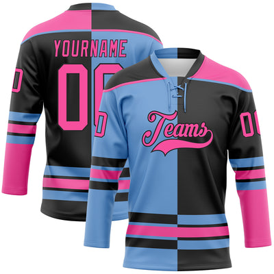 Custom Black Pink-Light Blue Split Fashion Hockey Lace Neck Jersey