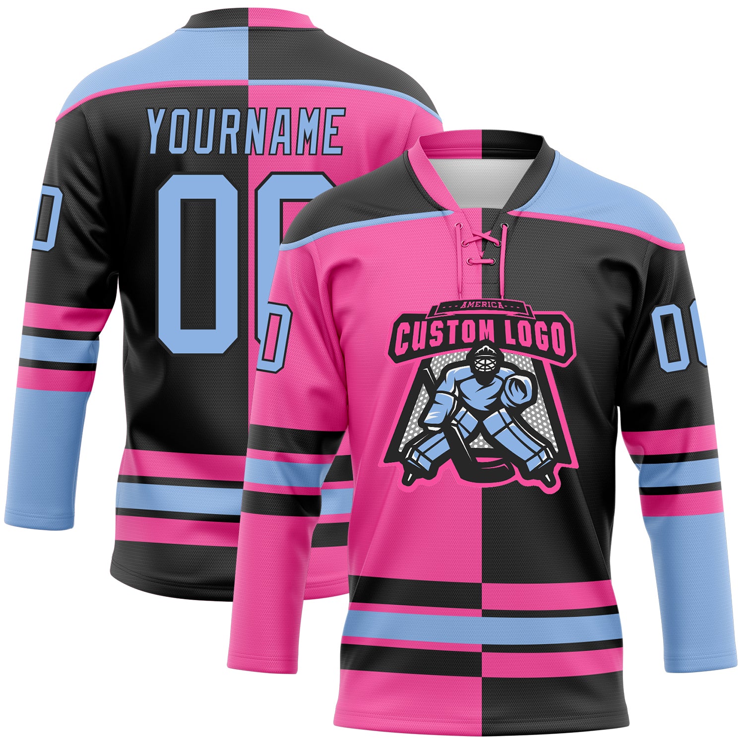 Custom Black Light Blue-Pink Split Fashion Hockey Lace Neck Jersey