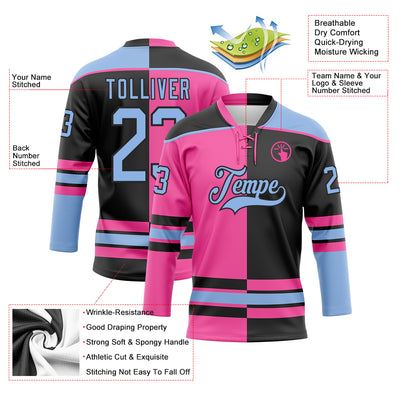 Custom Black Light Blue-Pink Split Fashion Hockey Lace Neck Jersey