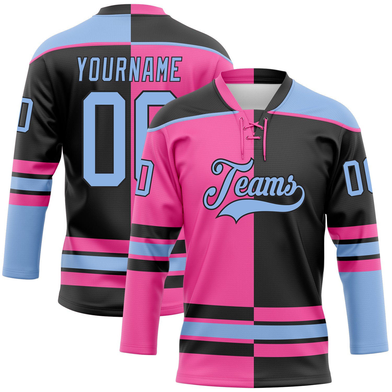 Custom Black Light Blue-Pink Split Fashion Hockey Lace Neck Jersey