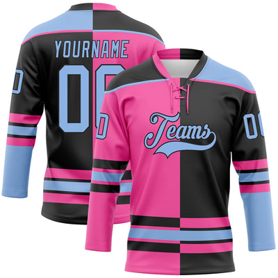 Custom Black Light Blue-Pink Split Fashion Hockey Lace Neck Jersey