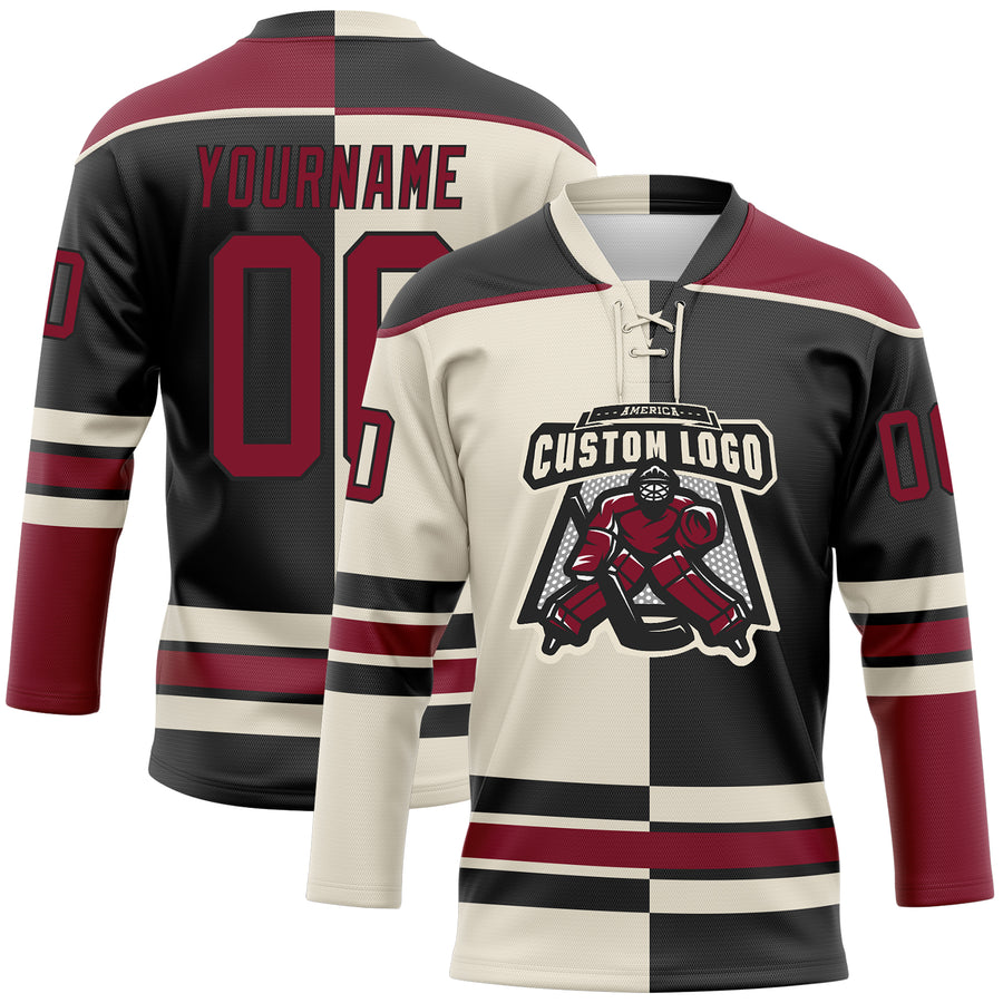 Custom Black Crimson-Cream Split Fashion Hockey Lace Neck Jersey