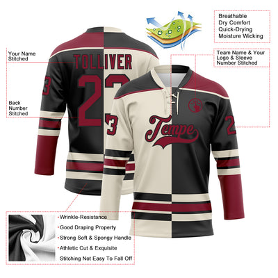 Custom Black Crimson-Cream Split Fashion Hockey Lace Neck Jersey