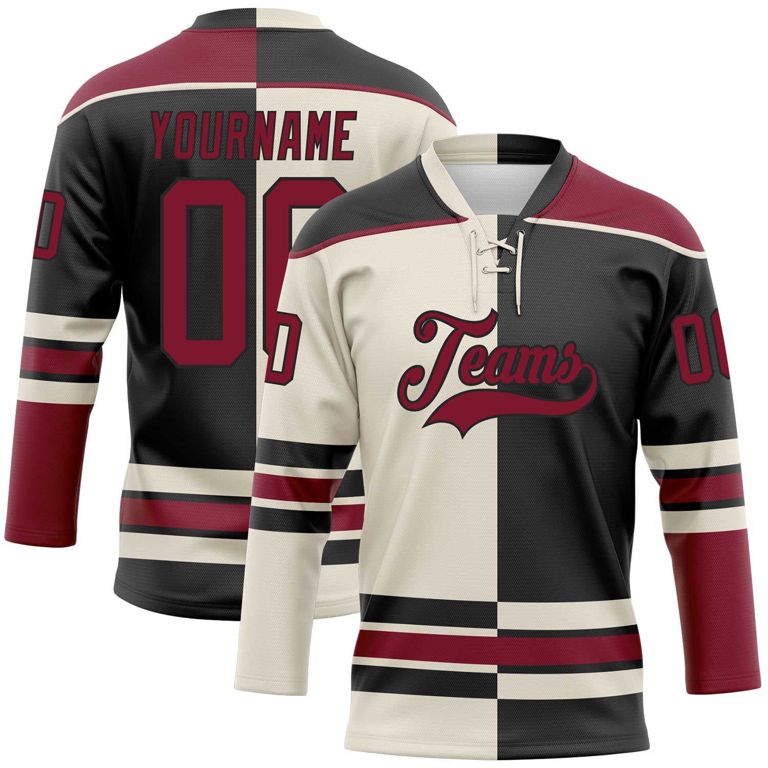 Custom Black Crimson-Cream Split Fashion Hockey Lace Neck Jersey