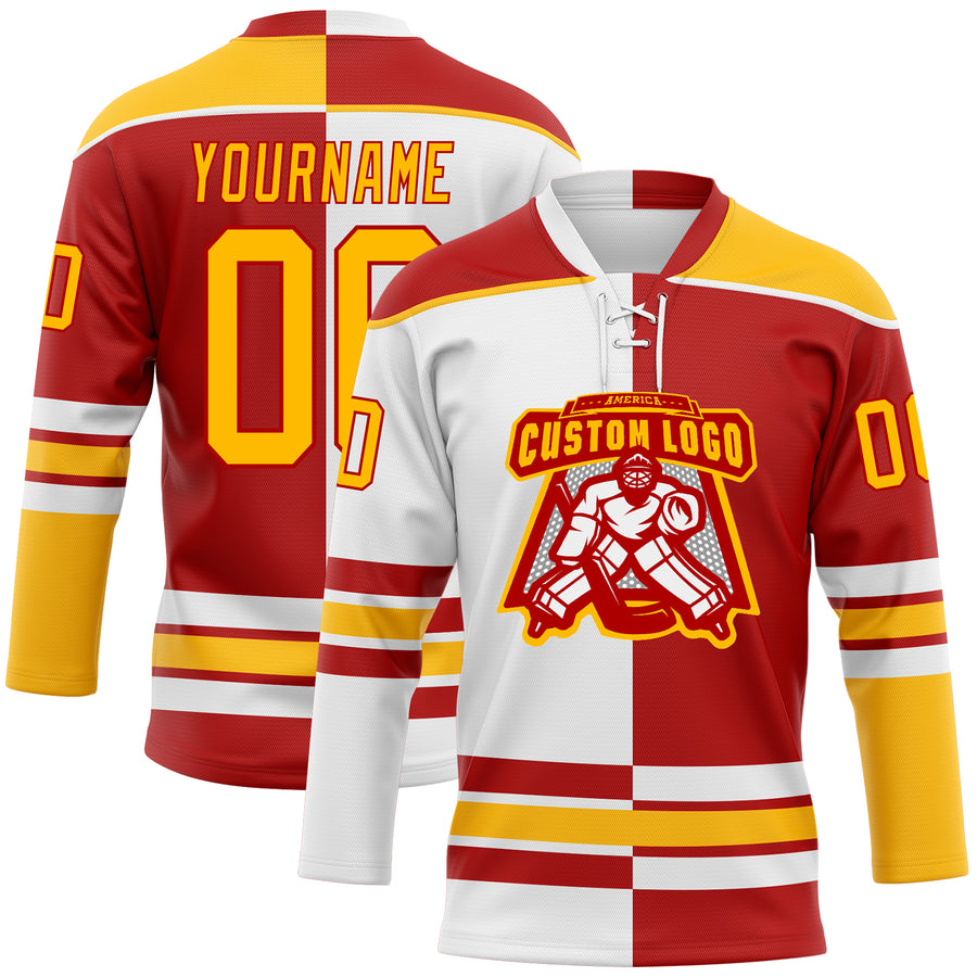 Custom Red Gold-White Split Fashion Hockey Lace Neck Jersey