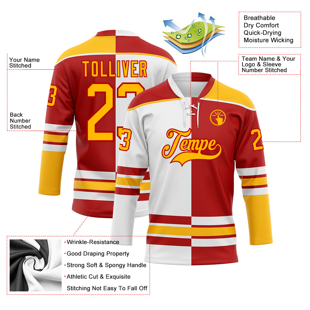 Custom Red Gold-White Split Fashion Hockey Lace Neck Jersey