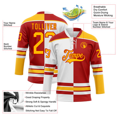 Custom Red Gold-White Split Fashion Hockey Lace Neck Jersey