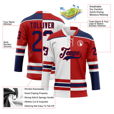 Custom Red Navy-White Split Fashion Hockey Lace Neck Jersey