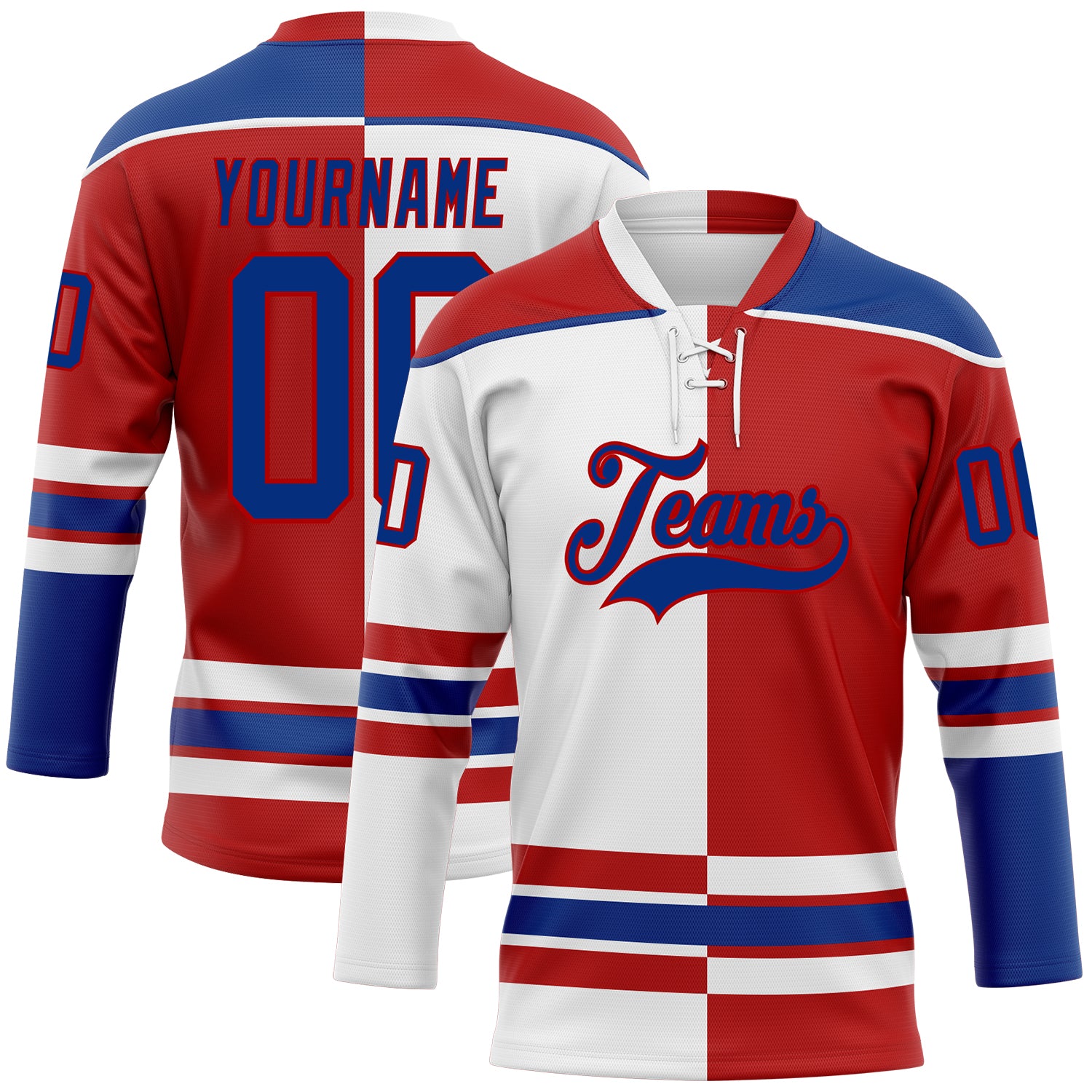 Custom Red Royal-White Split Fashion Hockey Lace Neck Jersey