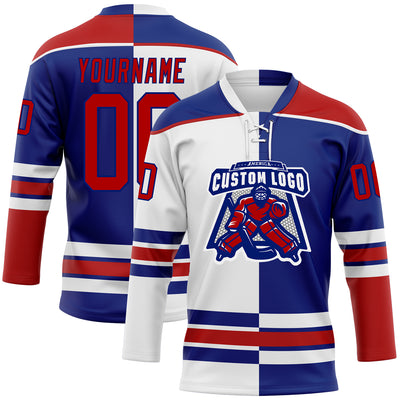 Custom Royal Red-White Split Fashion Hockey Lace Neck Jersey