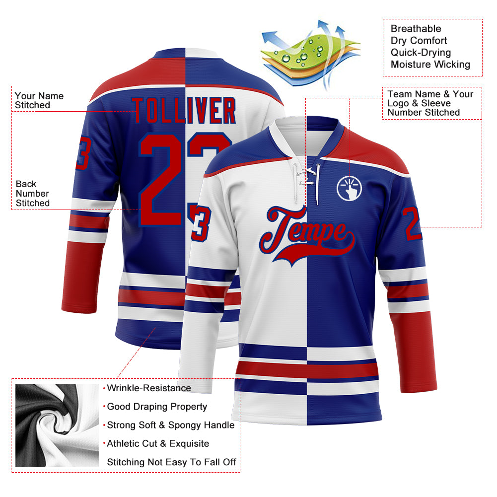 Custom Royal Red-White Split Fashion Hockey Lace Neck Jersey