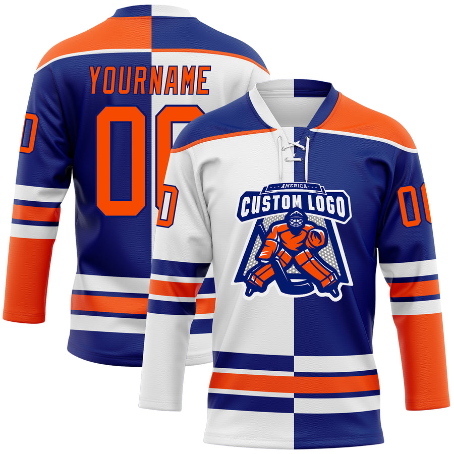 Custom Royal Orange-White Split Fashion Hockey Lace Neck Jersey