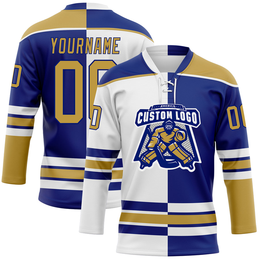 Custom Royal Old Gold-White Split Fashion Hockey Lace Neck Jersey