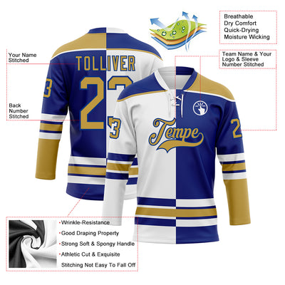 Custom Royal Old Gold-White Split Fashion Hockey Lace Neck Jersey